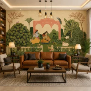 Radha Krishna royal garden wallpaper mural featuring peacocks, deer, cows, lush greenery, and traditional Indian heritage artwork