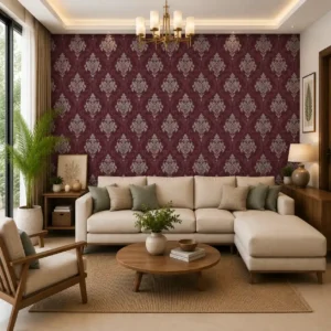 Royal burgundy damask wallpaper featuring elegant silver floral medallion motifs in a classic Victorian-inspired repeating pattern for luxury interiors.