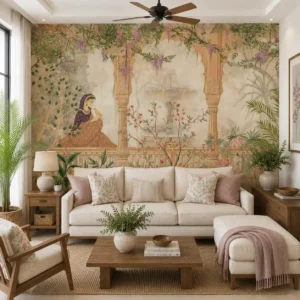 Vintage Mughal garden wallpaper featuring a royal lady beneath ornate palace arches with botanical foliage, blooming flowers, and a serene courtyard mural in soft neutral tones.