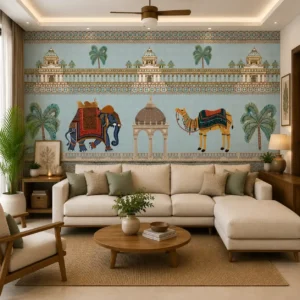 Royal Indian heritage wallpaper featuring a decorated elephant and camel with Mughal palace architecture, palm trees, and traditional Rajasthani-inspired mural design on a blue background.