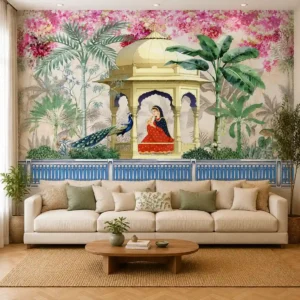 Royal Indian palace garden wallpaper featuring a Mughal pavilion, peacock, tropical plants, pink blossoms, and traditional Indian mural artwork for luxury interior décor.