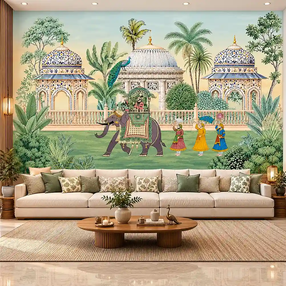 Royal Indian Palace Procession Wallpaper – Mughal Heritage Mural 1 Royal Indian palace procession wallpaper featuring a decorated elephant, Mughal architecture, peacock, tropical gardens, and traditional heritage mural artwork for luxury interiors.