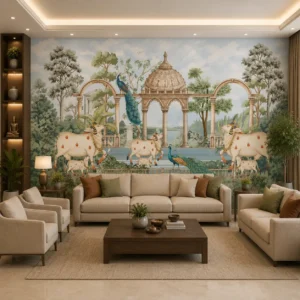 Royal peacock and sacred cow wallpaper mural featuring Indian palace architecture, garden landscape, arches, pavilion, and heritage-inspired wall art