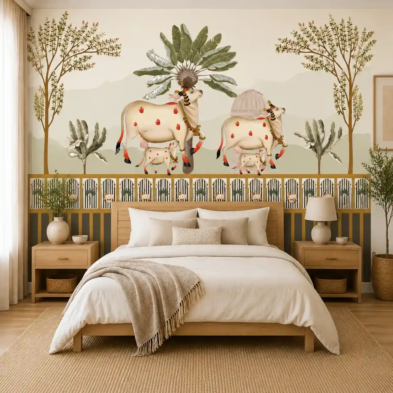 Traditional Indian Pichwai Cow Wallpaper – Heritage Wall Mural 1 Traditional Indian Pichwai wallpaper featuring decorated sacred cows, trees, tropical foliage, and heritage-inspired artwork in earthy beige and green tones for a luxury bedroom feature wall.