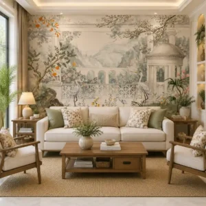 Vintage Garden Pavilion Wallpaper – Elegant Botanical Landscape Wall Mural with Herons & Classical Architecture