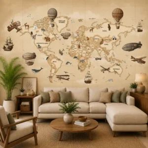 Vintage world map wallpaper featuring antique-style global map with hot air balloons, airships, sailing ships, vintage airplanes, and wildlife illustrations in sepia tones.