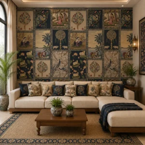 Indian Mughal Heritage Peacock & Village Patchwork Wallpaper