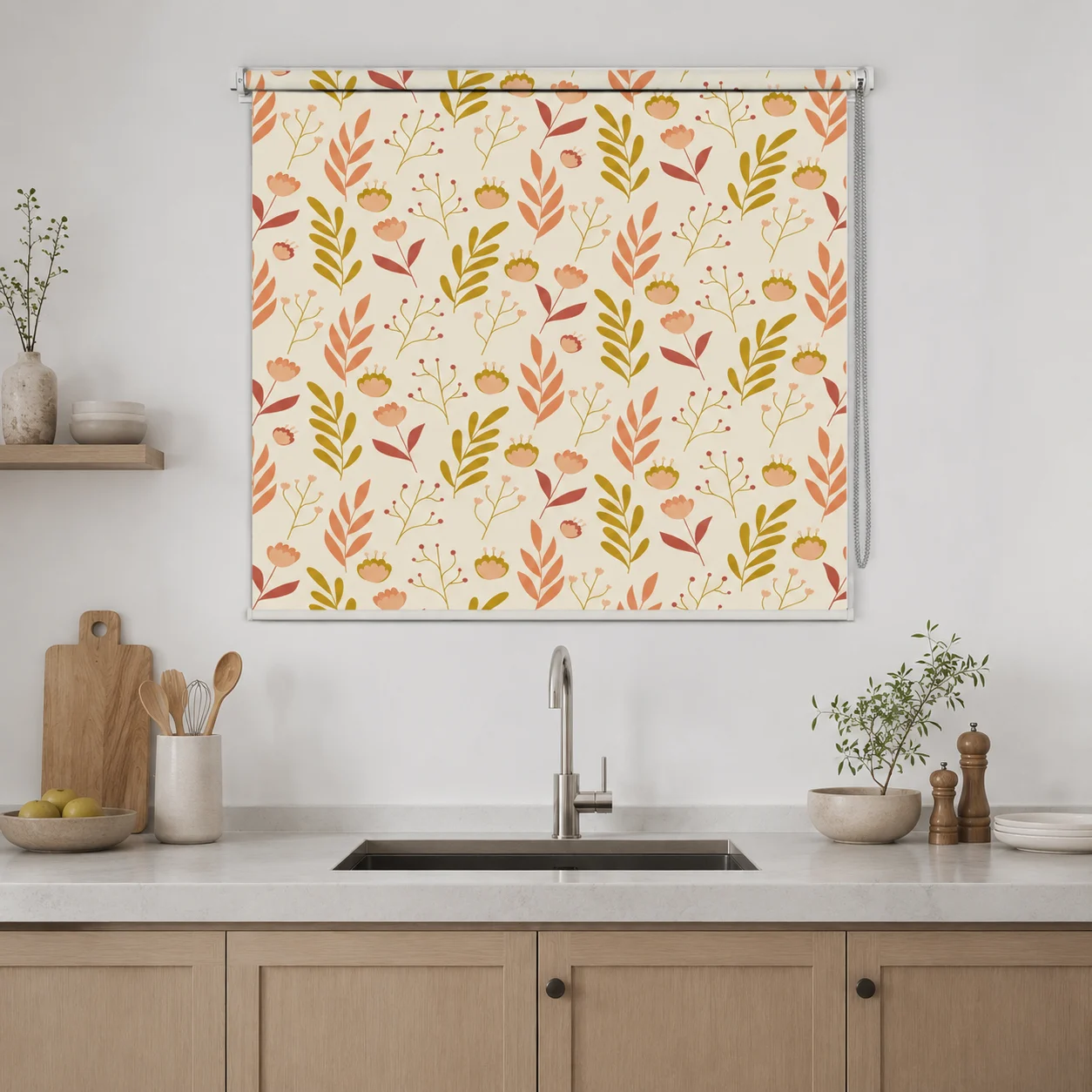 Modern Abstract Floral Printed Roller Blind – Peach & Sage Botanical 1 Modern Abstract Floral Printed Roller Blind – Peach & Sage Botanical