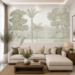 Vintage Tropical Garden Wallpaper with Palm Trees & Peacock