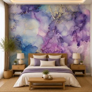 3D Abstract Purple Blue Gold Luxe Marble Wallpaper