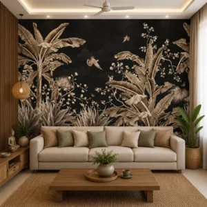 Black Tropical Botanical Wallpaper with Banana Leaves & Exotic Birds