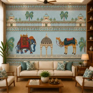 Blue Heritage, Blue Indian Elephant & Camel Palace Wallpaper