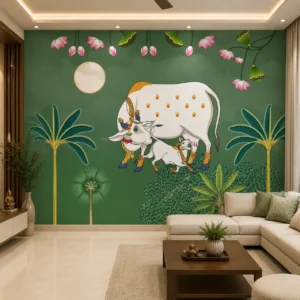 Botanical, Green Cow, Calf & Lotus Wallpaper for Walls