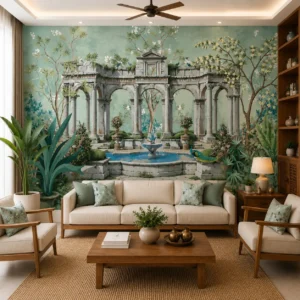 Classical Garden Courtyard with Peacock Design Wallpaper