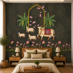Dark Heritage, Indian Cow & Calf Lotus Wallpaper