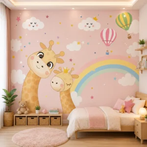 Giraffe Rainbow Kids Wallpaper with Hot Air Balloons & Clouds