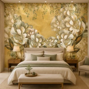 Golden Botanical Cream Flower & Vine Wallpaper
