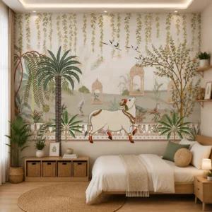 Heritage, Sacred Cow, Palm Tree & Palace Landscape Wallpaper
