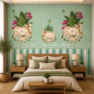 Indian Cow & Calf Tropical Wallpaper with Birds & Floral Motifs