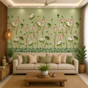 Indian Folk Art, Lotus & Sacred Cow Sage Green Wallpaper