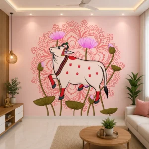 Indian Folk Art, Sacred Cow Lotus Mandala Wallpaper for Puja Room or Mandir