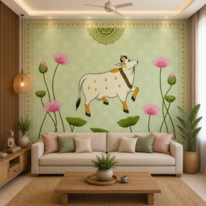 Indian Folk Cow & Lotus Wallpaper for Pooja Room