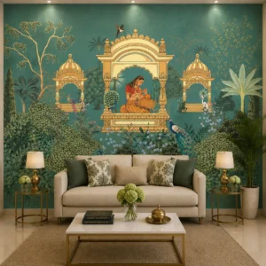 Indian Garden, Palace Pavilion, Peacock & Botanical Landscape Wallpaper