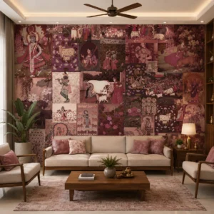 Indian Heritage Pichwai Wallpaper with Burgundy Folk Art