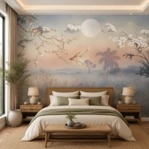 Japanese Landscape Moonlit Blossom Trees & Misty Nature Wallpaper