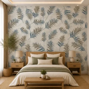 Modern Tropical Leaf Wallpaper with Blue Taupe Botanical Design