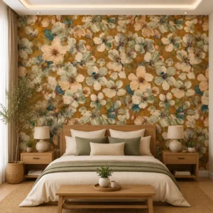 Vintage Floral Wallpaper – Warm Ochre Botanical Design