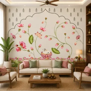 Pink Lotus & Cow Floral Wallpaper