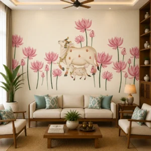 Pink Lotus & Sacred Cow Wallpaper for Mandir