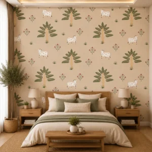 Rustic Green Floral Cow Botanical Wallpaper