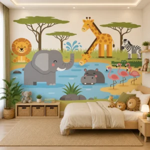 Safari Jungle Wallpaper for Kids – Elephant & Giraffe Mural