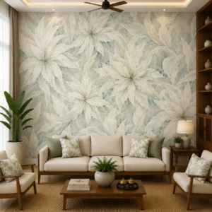 Soft Blue Botanical, Oversized White Floral Wallpaper