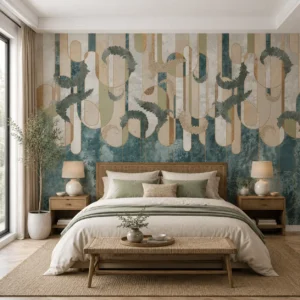 Teal Botanical Wallpaper with Abstract Arch & Leaf Design