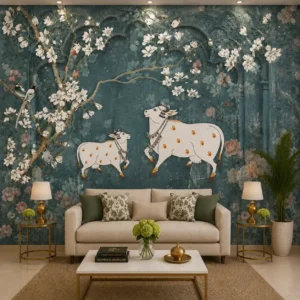 Teal Pichwai Cow Wallpaper with Magnolia Blossoms