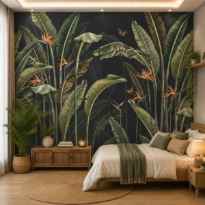 Tropical Banana Leaf & Bird of Paradise Jungle Wallpaper