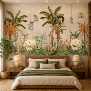Tropical Jungle, Palm Leaves, Cow Design Wallpaper
