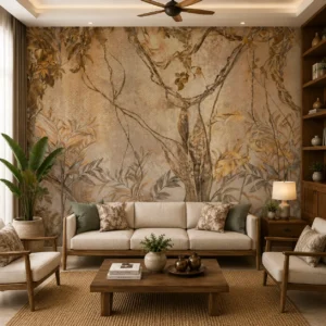 Vintage Beige Tree Botanical Wallpaper with Earthy Foliage