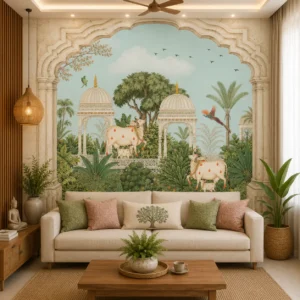 Indian Cow, Peacock & Heritage Art Palace Garden Wallpaper