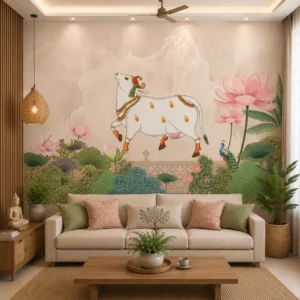 Indian Folk Art, Sacred Cow & Lotus Wallpaper for Pooja Room