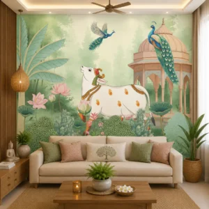 Peacock & Sacred Cow Indian Heritage Wallpaper